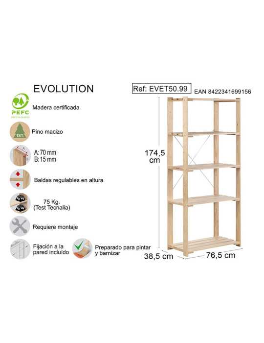 Estanteria Alistonada Evolution 5 Pino Macizo 76,5 x 38,5 x 174,5 cm ASTIGARRAGA