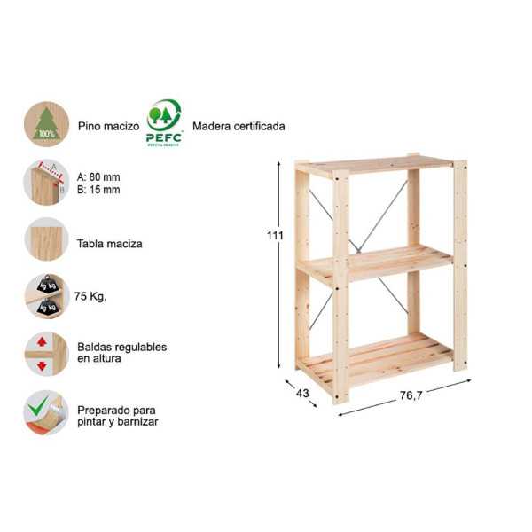 Estanteria Alistonada Evolution 3 Pino Macizo 111 x 76,7 x 43 cm ASTIGARRAGA