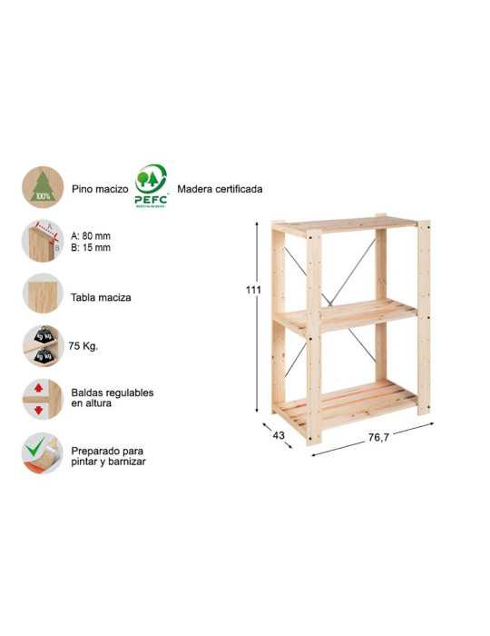 Estanteria Alistonada Evolution 3 Pino Macizo 111 x 76,7 x 43 cm ASTIGARRAGA