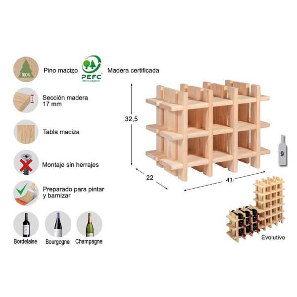 Botellero de Pino Macizo Evolutivo Rioja para 9 Botellas 43 x 22 x 32,5 cm ASTIGARRAGA