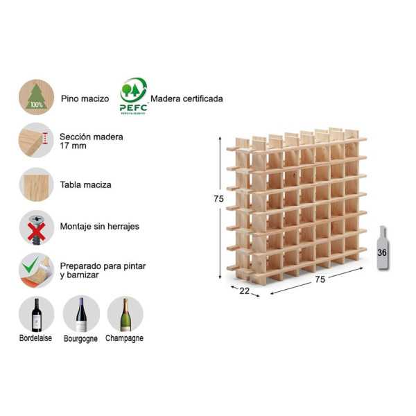 Botellero de Pino Macizo Evolutivo Rioja para 36 Botellas 75 x 22 x 75 cm ASTIGARRAGA