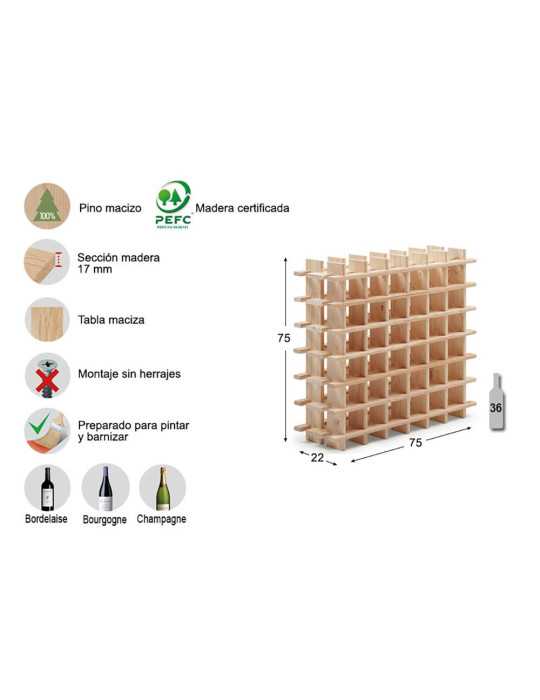 Botellero de Pino Macizo Evolutivo Rioja para 36 Botellas 75 x 22 x 75 cm ASTIGARRAGA