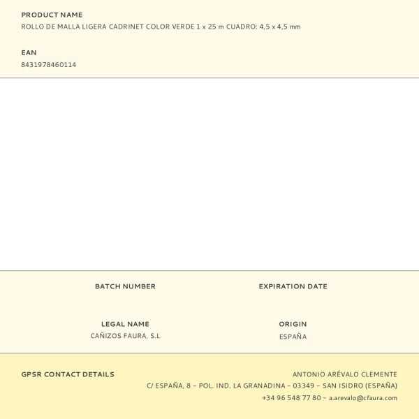 Rollo de Malla Ligera Cadrinet Cuadro 4,5 x 4,5 mm Color Verde, 1 x 25 m FAURA