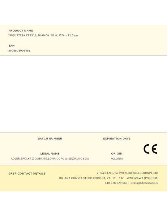 Yogurtera CR4519, Blanca, 20 W, Ø24 x 11,5 cm CAMRY