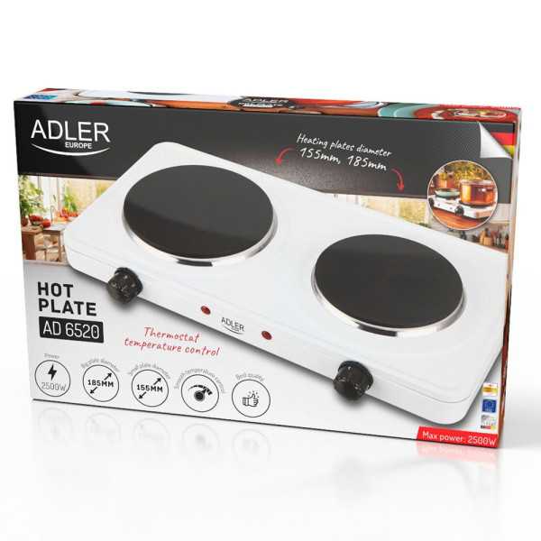 Cocina Eléctrica Dos Quemadores 2500 W Blanca, 46 x 26,5 x 7 cm ADLER