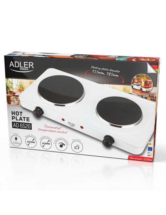 Cocina Eléctrica Dos Quemadores 2500 W Blanca, 46 x 26,5 x 7 cm ADLER