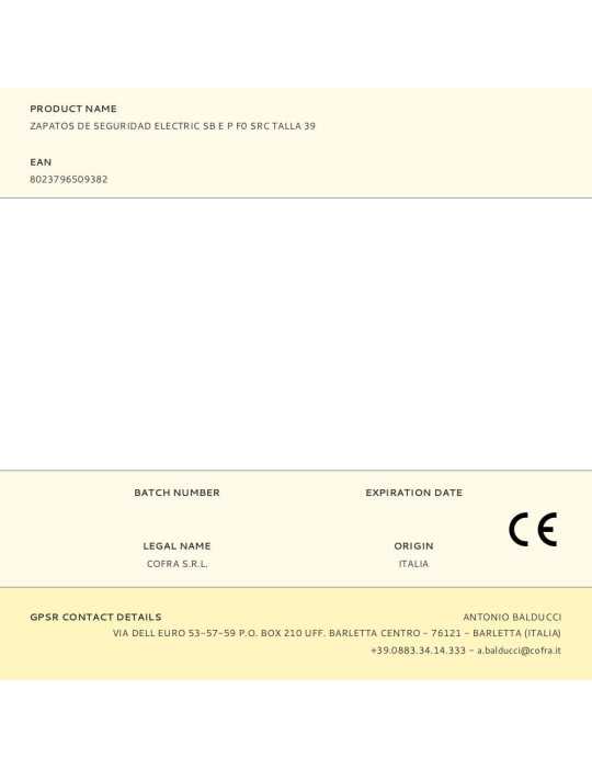 Zapatos de Seguridad Electric Sb e P F0 SRC Talla 39 COFRA