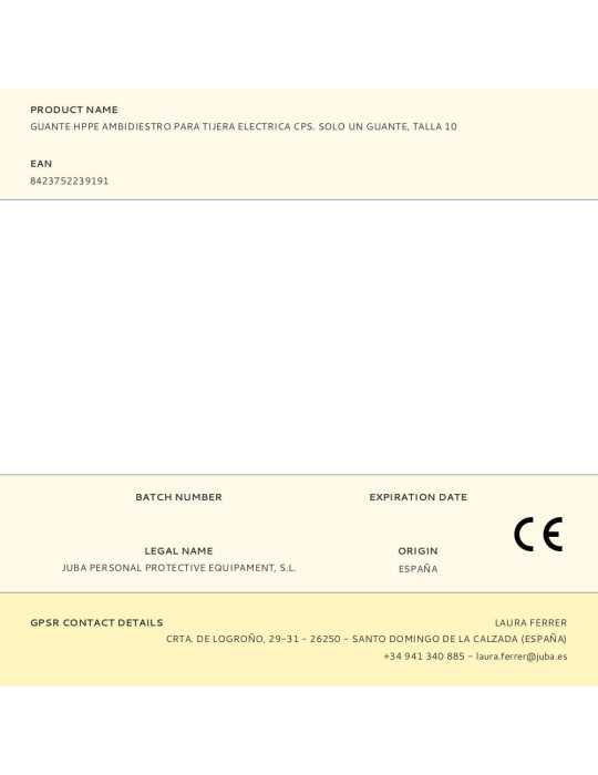 Guante Hppe Ambidiestro para Tijera Eléctrica Cps, Solo un Guante, T-10 JUBA