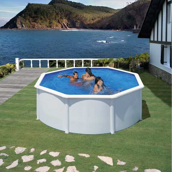 Piscina con Pared de Acero y Chapa Blanca, Redonda, con Depuradora, Ø350 x 120 cm GRE