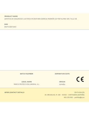 Zapatos de Seguridad Lusitania Microfibra Serraje Marrón S1P Metalfree SRC Talla 38 ANIBAL 2