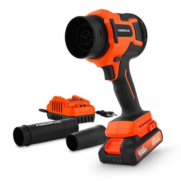 Kit Soplador Turbo Compacto sin Escobillas 20 V+batería+cargador, Dual Power POWERPLUS