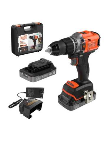 Kit Taladro Percutor Brushless 18 V, Ø13 mm, con 2 Baterías 2 Ah y Cargador BLACK+DECKER