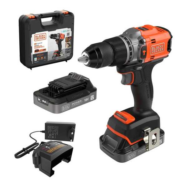 Kit Taladro Percutor Brushless 18 V, Ø13 mm, con 2 Baterías 2 Ah y Cargador BLACK+DECKER