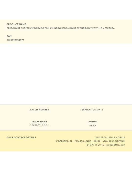 Cerrojo, Seguridad, Sobreponer, con Cilindro Redondo Seguridad y Pestillo, de Acero con Acabado Dorado EDM