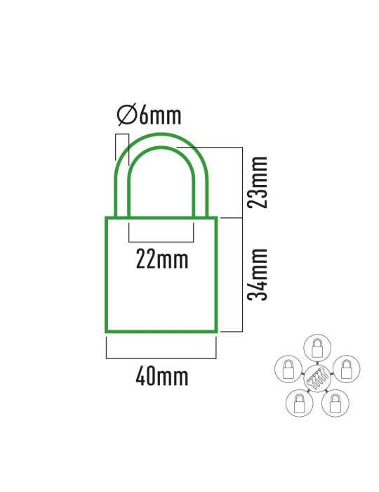 Pack 5 Candados de Latón Arco Normal 5 Llaves Iguales, 40 mm EDM