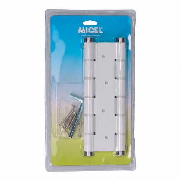 Bisagra de Doble Acción, Modelo BS10 Bl M57001, de Aluminio con Acabado Blanco, 133 x 180 mm, Blister MICEL