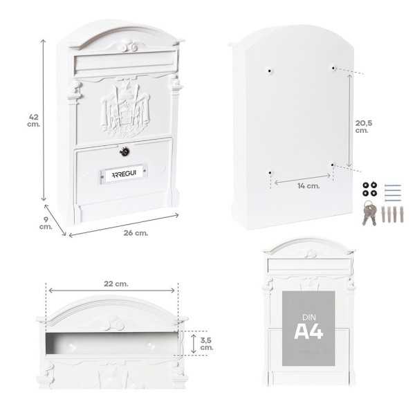 Buzón Individual Exterior Mediano, Residencia, Aluminio, Blanco, 26 x 9 x 42 cm ARREGUI