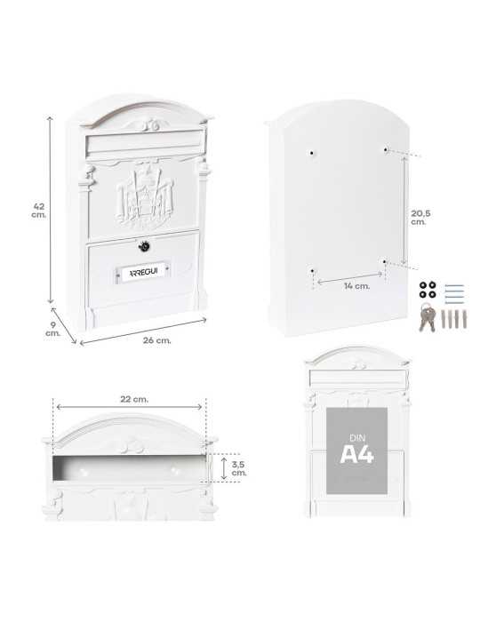 Buzón Individual Exterior Mediano, Residencia, Aluminio, Blanco, 26 x 9 x 42 cm ARREGUI