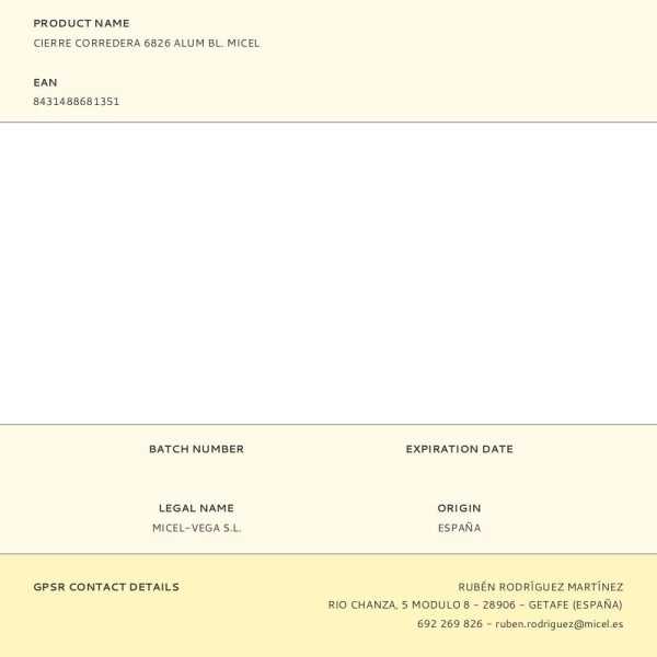 Cierre Corredera, Modelo 6826, de Aluminio con Acabado Blanco, 170 x 29 mm MICEL