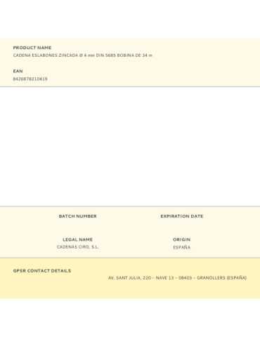 Cadena Eslabones, Modelo DIN 5685, de Acero con Acabado Zincado, Ø4 mm, Bobina de 34 m CIRO 2