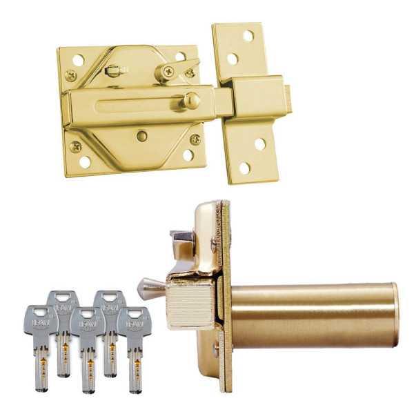 Cerrojo, Seguridad, Sobreponer, Modelo CS88L M50, de Acero con Acabado Latonado, Cilindro de 50 mm IFAM