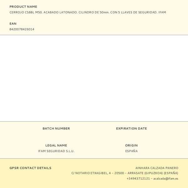Cerrojo, Seguridad, Sobreponer, Modelo CS88L M50, de Acero con Acabado Latonado, Cilindro de 50 mm IFAM