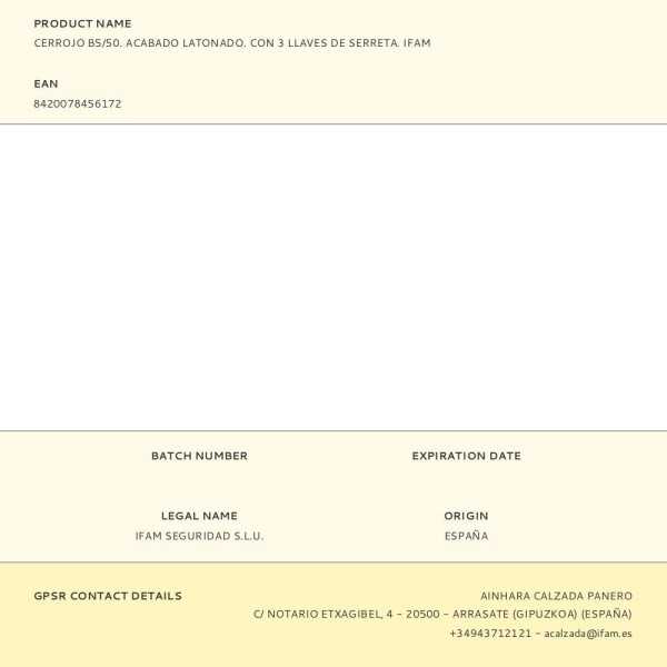 Cerrojo, Seguridad, Sobreponer, Modelo B5/50, Acabado Latonado, con 3 Llaves de Serreta IFAM