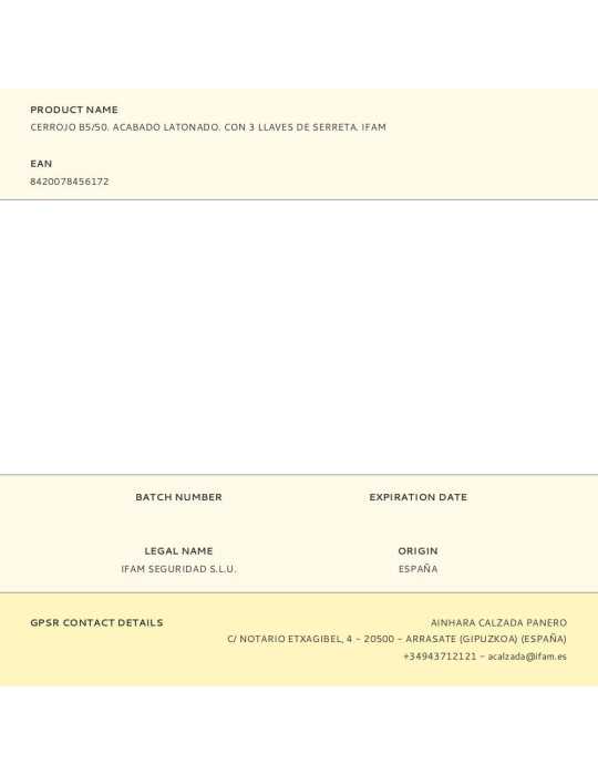 Cerrojo, Seguridad, Sobreponer, Modelo B5/50, Acabado Latonado, con 3 Llaves de Serreta IFAM