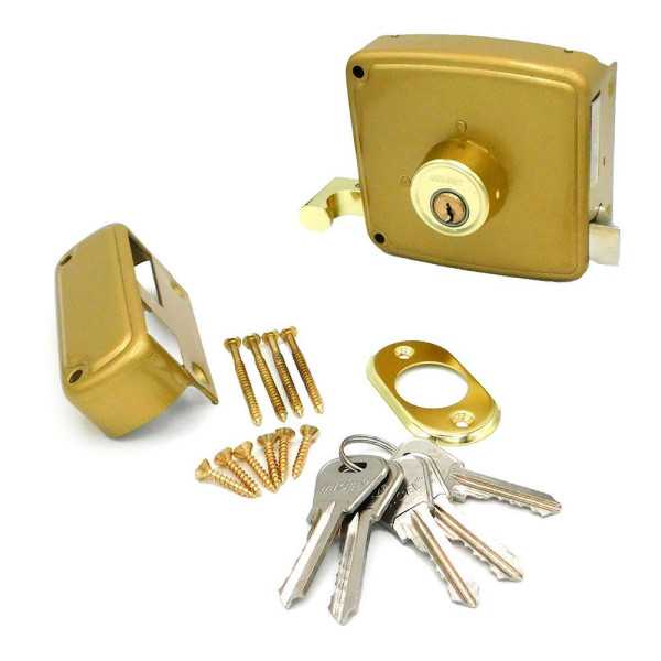 Cerradura, Sobreponer, Modelo CRS02, de Acero con Acabado Oro, 40 x 80 mm, Mano Izquierda MICEL