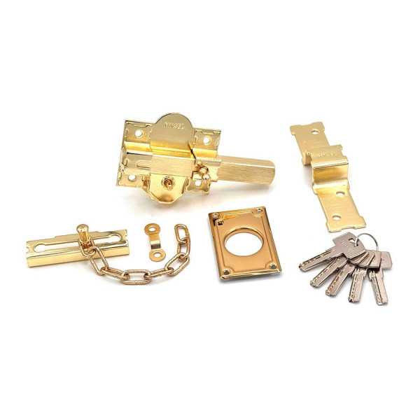 Cerrojo, Seguridad, Sobreponer, Modelo CRR10, de Acero con Acabado Latón Satinado, 86B/50 mm, con 5 Llaves y Cadenilla MICEL