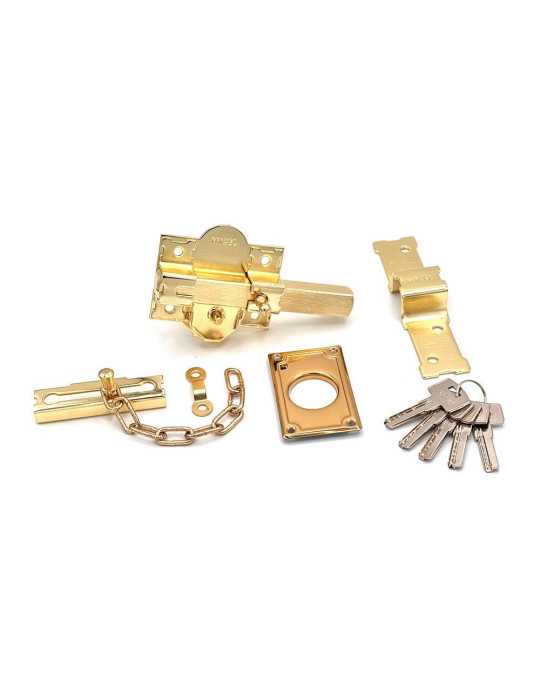 Cerrojo, Seguridad, Sobreponer, Modelo CRR10, de Acero con Acabado Latón Satinado, 86B/50 mm, con 5 Llaves y Cadenilla MICEL