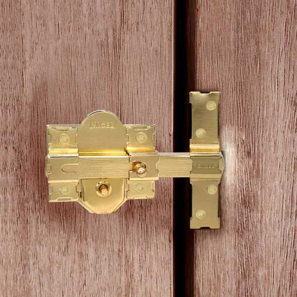 Cerrojo, Seguridad, Sobreponer, Modelo CRR10, de Acero con Acabado Latón Satinado, 86B/50 mm, con 5 Llaves y Cadenilla MICEL