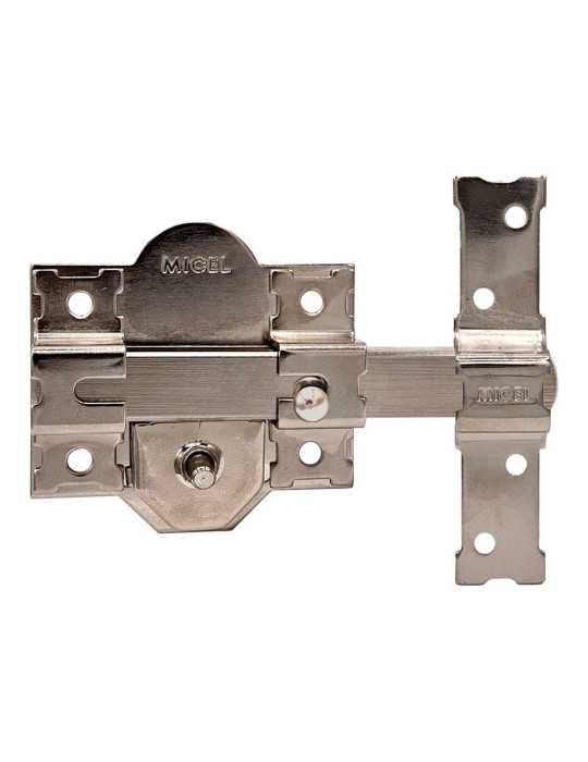 Cerrojo, Seguridad, Sobreponer, Modelo CRR10, de Acero con Acabado Níquel, 86B/50 mm, con 5 Llaves y Cadenilla MICEL