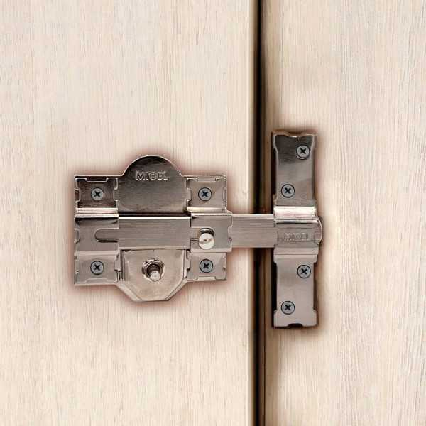 Cerrojo, Seguridad, Sobreponer, Modelo CRR10, de Acero con Acabado Níquel, 86B/50 mm, con 5 Llaves y Cadenilla MICEL