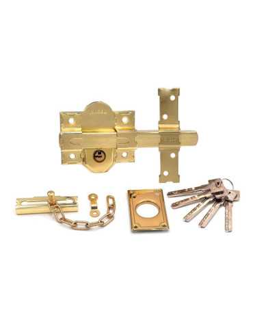 Cerrojo, Seguridad, Sobreponer, Modelo CRR11, de Acero con Acabado Latón Satinado, 86L/50 mm, con 5 Llaves y Cadenilla MICEL 2
