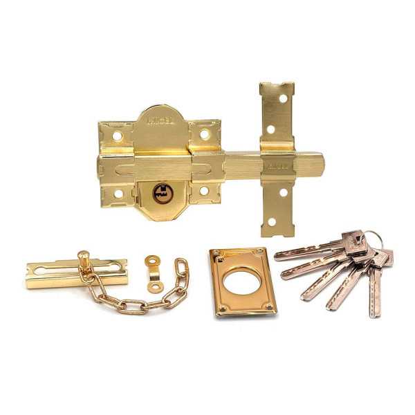 Cerrojo, Seguridad, Sobreponer, Modelo CRR11, de Acero con Acabado Latón Satinado, 86L/50 mm, con 5 Llaves y Cadenilla MICEL