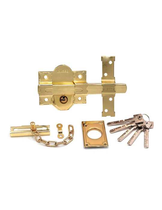 Cerrojo, Seguridad, Sobreponer, Modelo CRR11, de Acero con Acabado Latón Satinado, 86L/50 mm, con 5 Llaves y Cadenilla MICEL