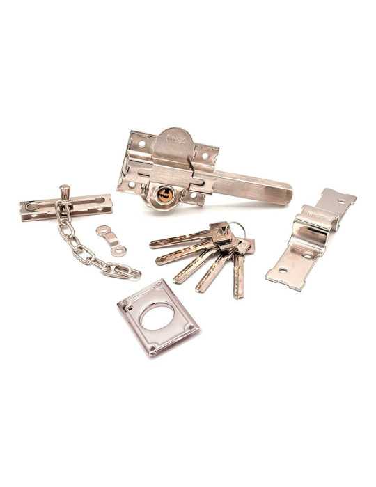 Cerrojo, Seguridad, Sobreponer, Modelo CRR11, de Acero con Acabado Níquel, 86L/50 mm, con 5 Llaves y Cadenilla MICEL