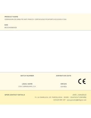 Cerradura, de Embutir, Cortafuego, Picaporte Antipánico 43110.65.0, Llave y Manilla 9 mm CISA 2