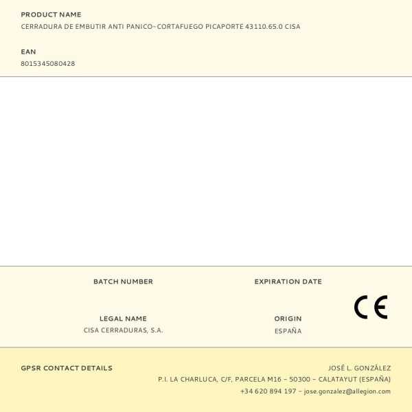 Cerradura, de Embutir, Cortafuego, Picaporte Antipánico 43110.65.0, Llave y Manilla 9 mm CISA