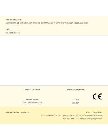Cerradura, de Embutir, Cortafuego, Picaporte Antipánico y Palanca 43120.65.0, Llave y Manilla 9 mm CISA 2