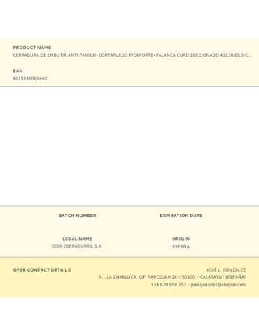 Cerradura, de Embutir, Cortafuego, Picaporte Antipánico y Palanca Cuadro Seccionado 43130.65.0, Llave y Manilla 9 mm CISA 2