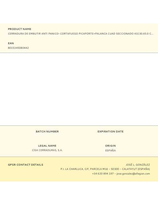 Cerradura, de Embutir, Cortafuego, Picaporte Antipánico y Palanca Cuadro Seccionado 43130.65.0, Llave y Manilla 9 mm CISA