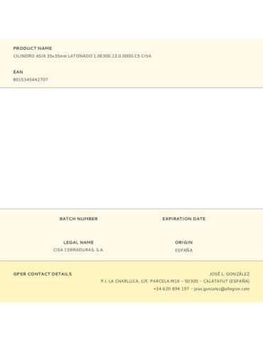 Cilindro Asix 35x35mm Latonado 1.0E300.13.0.0000.C5 CISA 2
