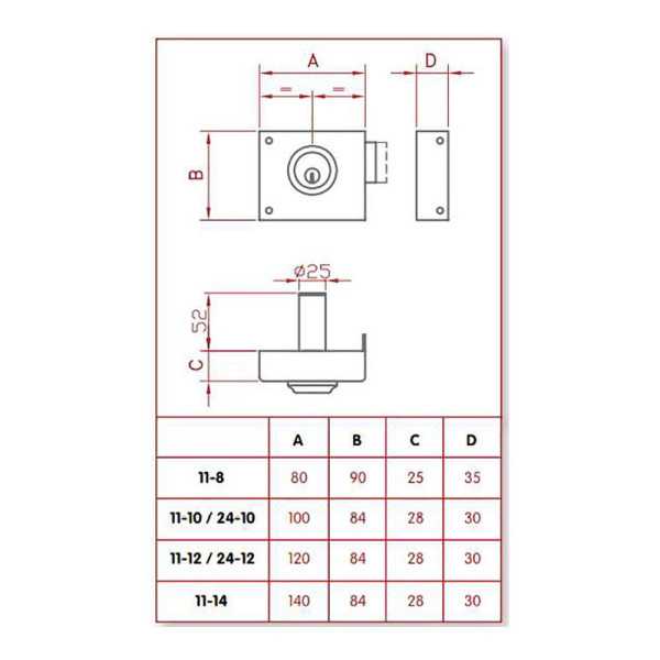 Cerradura, Sobreponer, Modelo 11-12I, Solo Llave, Caja 120 mm, Cilindro 52 mm, Mano Izquierda JIS
