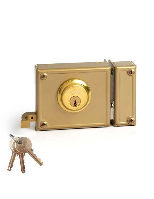 Cerradura, Sobreponer, Modelo 12-10D, Golpe y Llave, Caja 100 mm, Cilindro 52 mm, Mano Derecha JIS