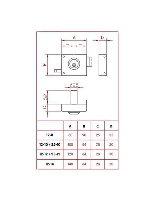 Cerradura, Sobreponer, Modelo 12-10D, Golpe y Llave, Caja 100 mm, Cilindro 52 mm, Mano Derecha JIS