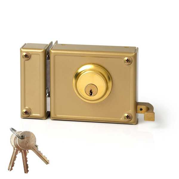 Cerradura, Sobreponer, Modelo 12-10I, Golpe y Llave, Caja 100 mm, Cilindro 52 mm, Mano Izquierda JIS