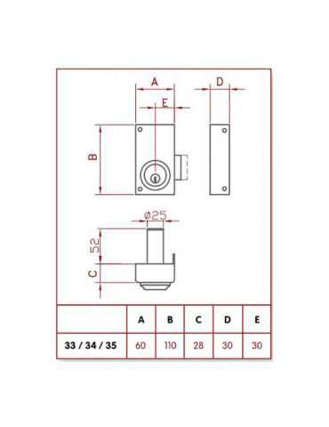 Cerradura, Sobreponer, Modelo 33-6D, Solo Llave, Caja 60 mm, Cilindro 52 mm, Mano Derecha JIS 2