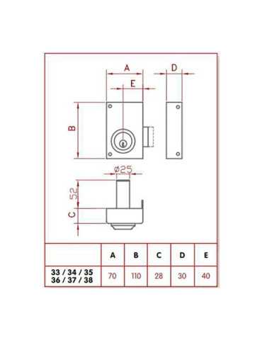 Cerradura, Sobreponer, Modelo 33-7D, Solo Llave, Caja 70 mm, Cilindro 52 mm, Mano Derecha JIS 2